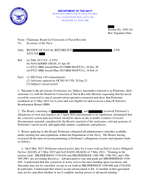 发件人：海军记录修正委员会主席 收件人：海军部长 主题：审查海军记录 ICO，USN，XXX-XX- 编号：(a)